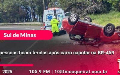 Três pessoas ficam feridas após carro capotar na BR-459.
